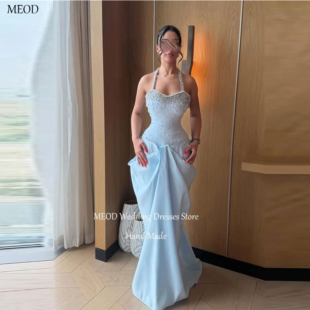 MEOD Himmelblaue Satin-Abendkleider, Meerjungfrau-Stil, Neckholder, ärmellos, Kristall, ärmellose Ballkleider, bodenlang, Vestidos, individuell gestaltet