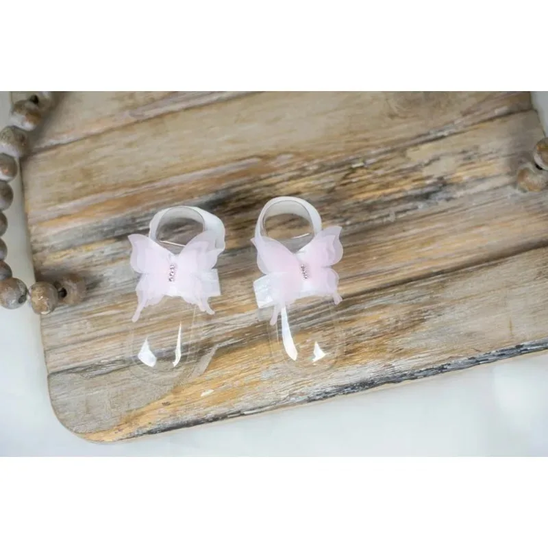 Sandalias descalzas con accesorios para fotografía de recién nacidos, diseño de mariposa de encaje y diamantes de imitación para niñas, regalo para Baby Shower con ajustable (0-6M