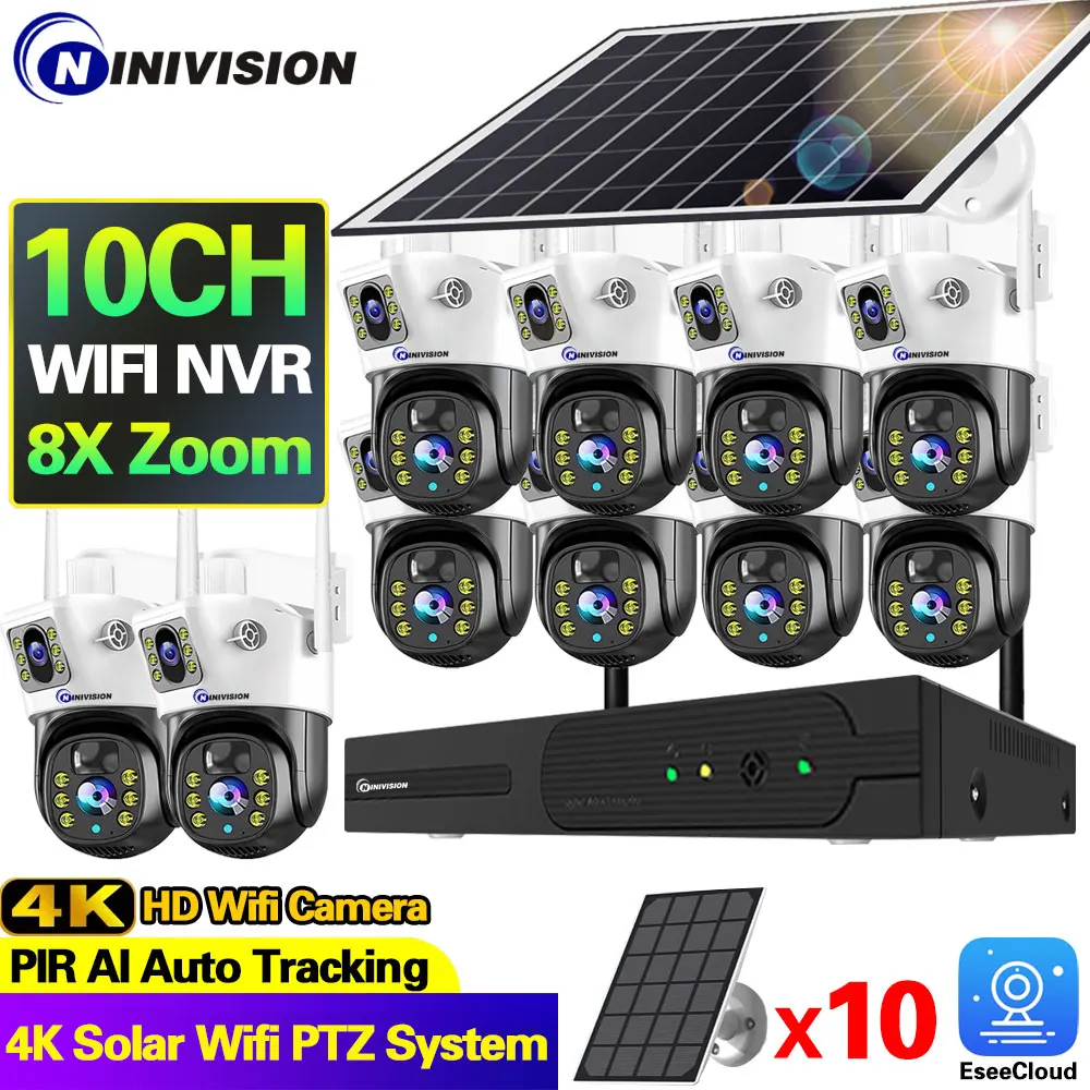 100% Wire-Free Solar PTZ Dual Lens 8X Zoom Home Security IP Camera System Wireless 4K 8MP CCTV Surveillance Kit 4K 10CH WiFi NVR