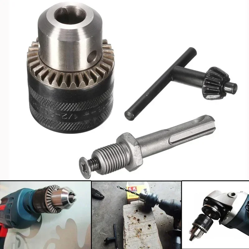 1PC Keyless Drill Chuck Set 1.5-13mm 1/2-20UNF Rotary Hammer Drill Chuck Screwdriver Impact Driver Adapter + Key + SDS Shank Set