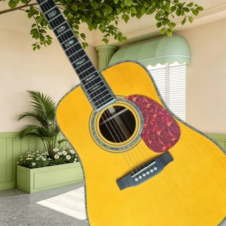 Vintage Yellow D Acoustic Guitar Abalone Binding Spruce Top Tortoiseshell Pickguard Abalone Inlay Ebony Fretboard Folk Guitar