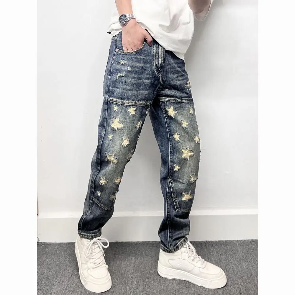 Men's Star Ripped Jeans Distressed Sweatpants Boys Street Bottoms Fashion Denim Trousers Male Casual Straight Small Leg Pants