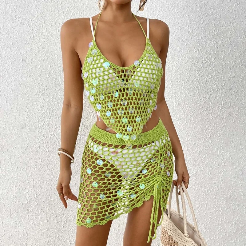 

Women Crochet Coverup Swimsuit Bathing Suit Beach Set Sequin Women's Clothing Hollow Out Slit Knit Bikini Two Piece Cover Up