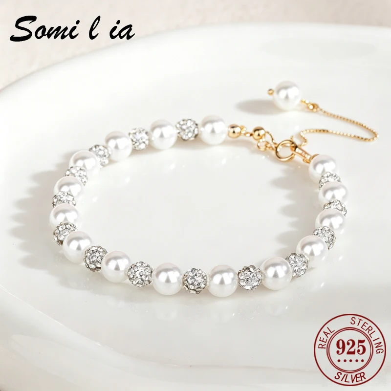 

Somilia Elegant Ladies Adjustable Wrist Bracelet S925 Sterling Silver Smooth Pearl & Bright Zircon Beads Jewelry