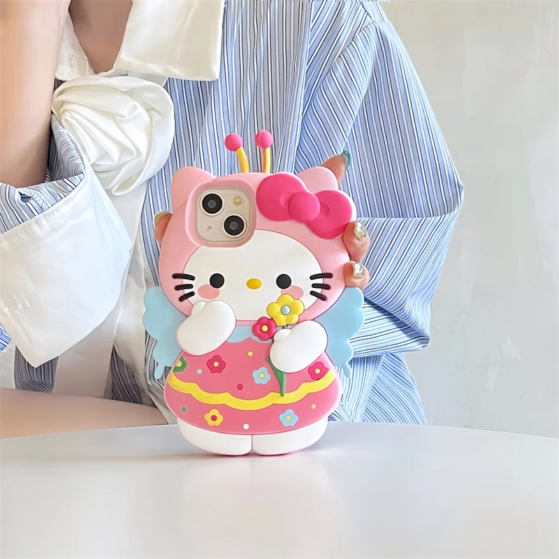 New 3D Sanrio Pink Bow Gir Bee Hello Kitty for Apple iPhone 15 14 13 12 11 Pro Ins Soft Cute Cartoon Silicon Protect Phone Case