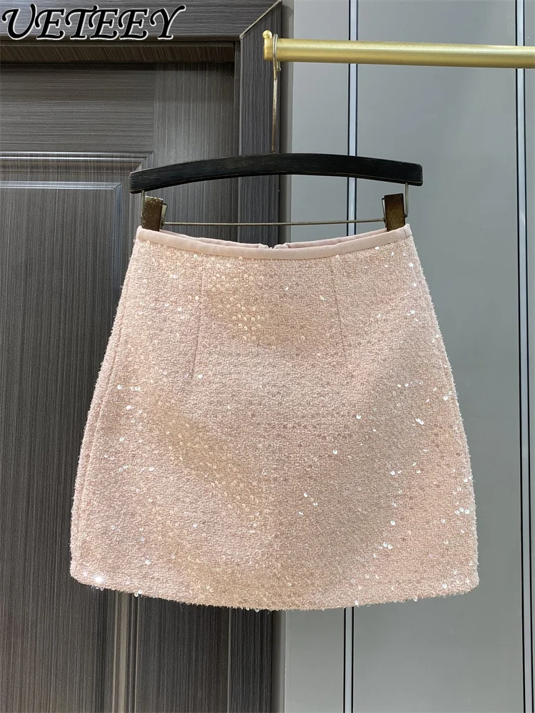 

Street Sequined Woolen Skirts for Women Fashionable Tweed A-Line Hip Mini Skirt Autumn and Winter New High Waist Skirt Faldas