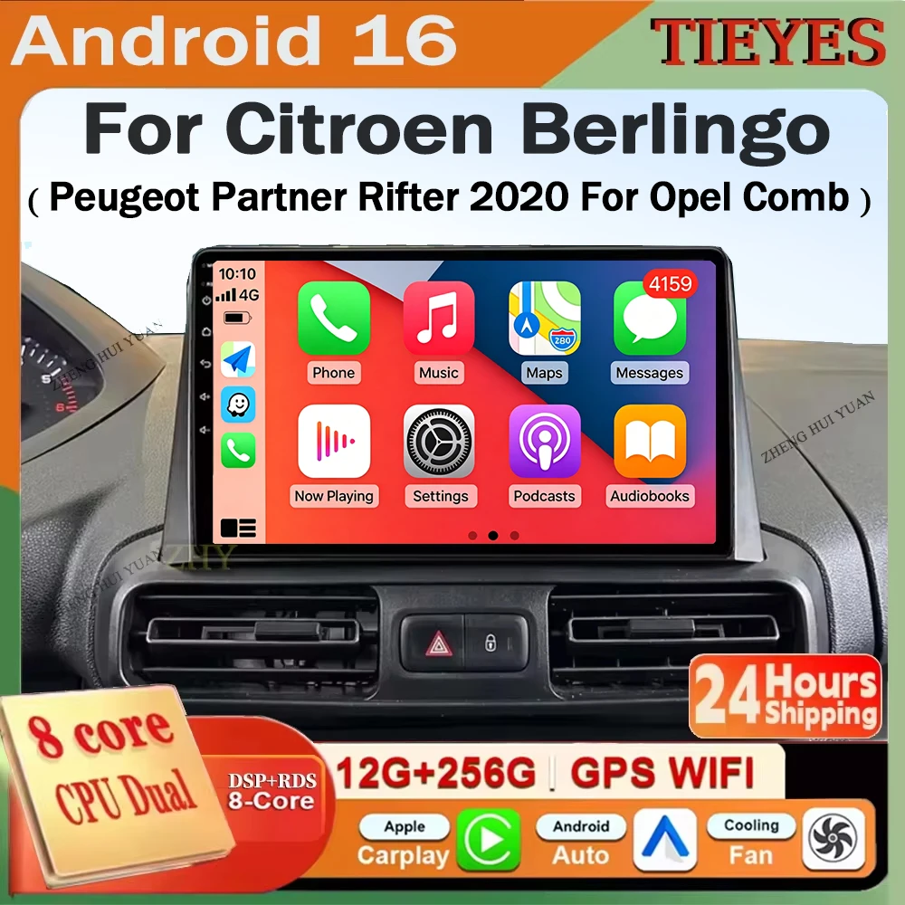 Radio de coche Android 16 con Carplay, reproductor multimedia de video estéreo para Citroen Berlingo 2019, Peugeot Partner Rifter 2020 y Opel Combo