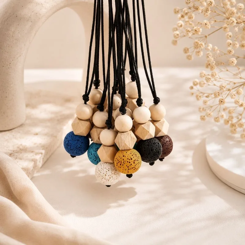 12PCS Colorful Volcanic Lava Stone Aroma Pendant Essential Oil Diffuser Wooden Charms Handwoven Long Rope Chain Necklace Jewelry