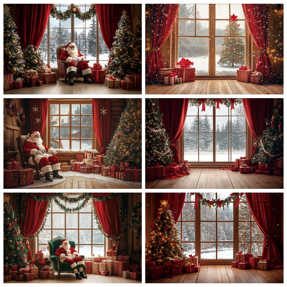 عيد الميلاد سانتا كلوز التصوير خلفية نافذة ستارة حمراء شجرة عيد الميلاد هدية الأسرة الطرف الديكور خلفية استوديو الصور
