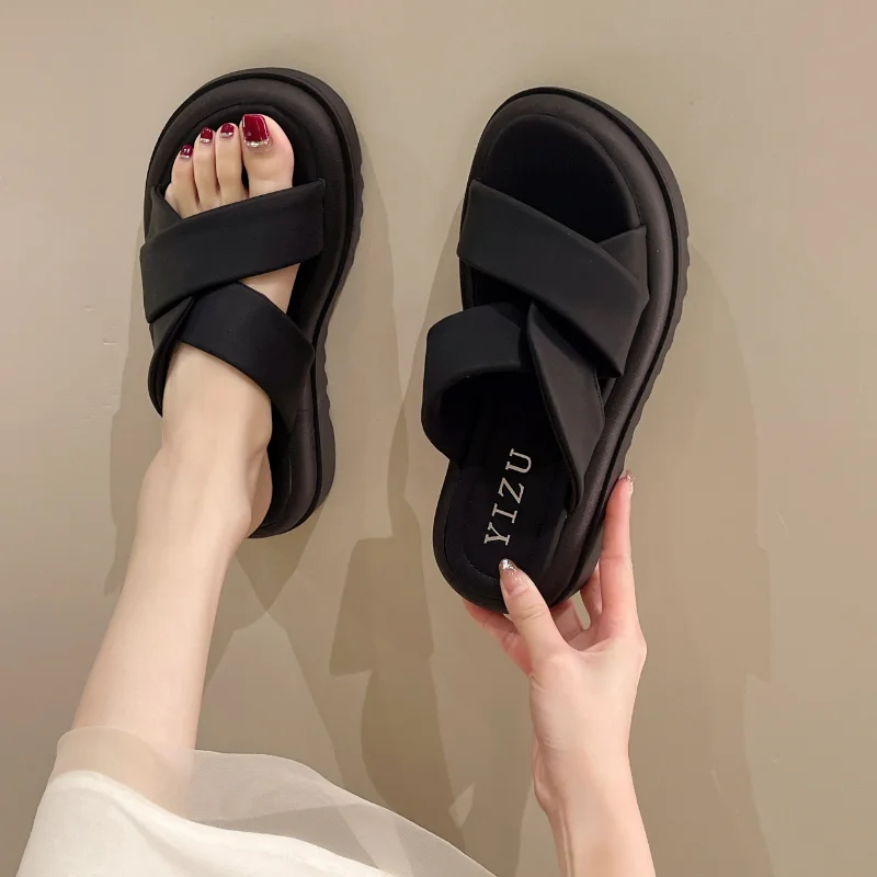 Women Fashion Design Casual Slippers Hook Loop Open-toed Outside Women Outdoor Cross-tied Slippers Platform Soft-soled Sandals