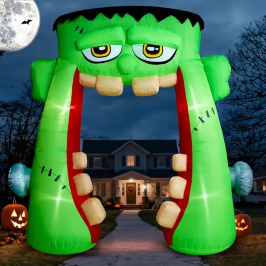 

Outdoor Halloween inflatable archway featuring Frankenstein design in green color, made of durable PVC material for front lawn