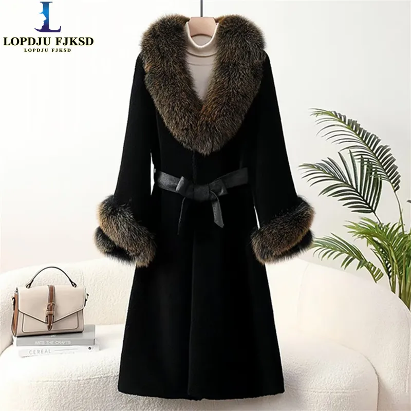 Faux Mink Fur Coats for Women,Adjustable Waist Jackets,Fox Fur Collar Overcoat,Female Clothes,Warm,Luxury,New ,Winter,2025