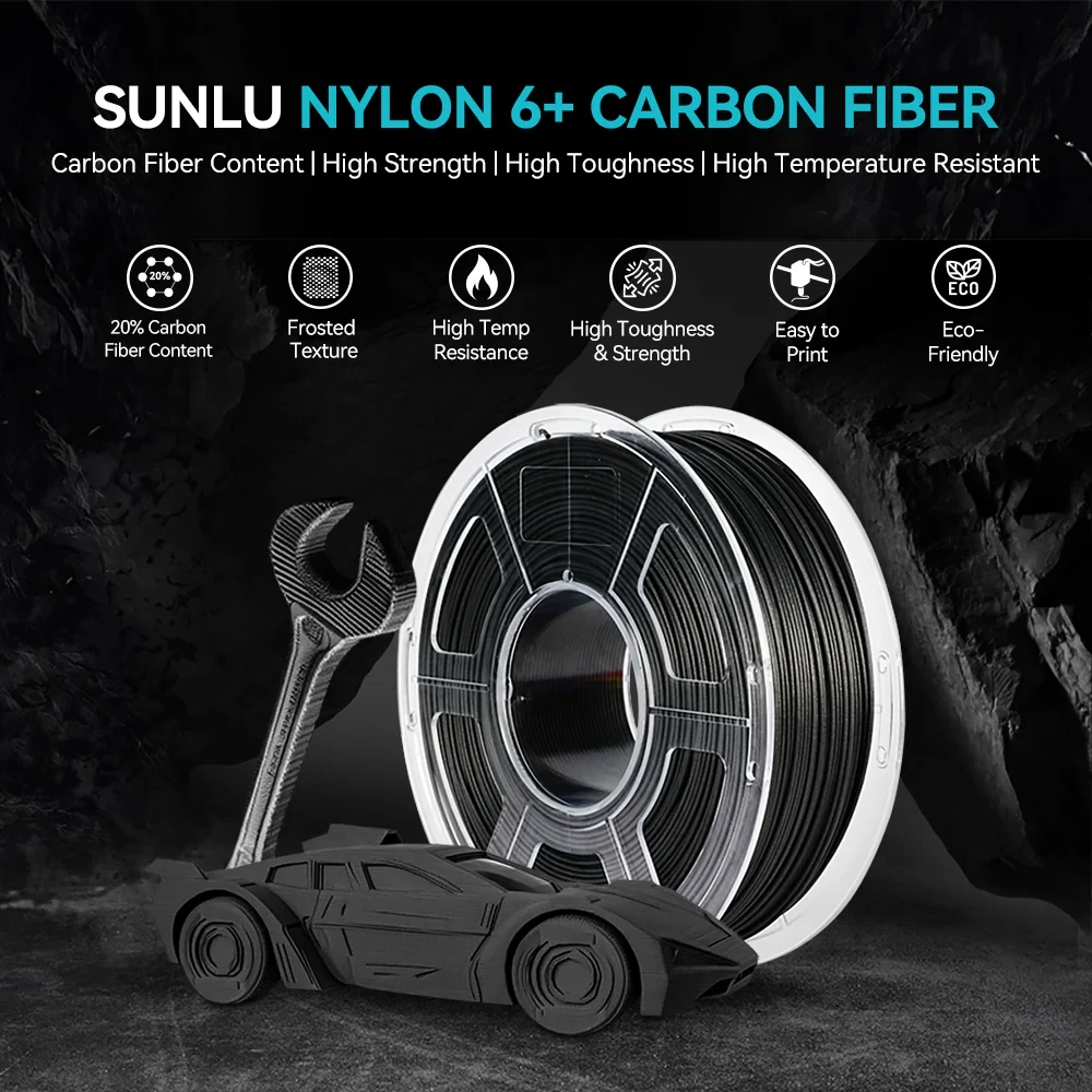 

Original SUNLU Nylon-6 Carbon Fiber Filament (PA6-CF) 1KG 1.75mm 3D Printer Filaments High Temperature Resistant High Toughness