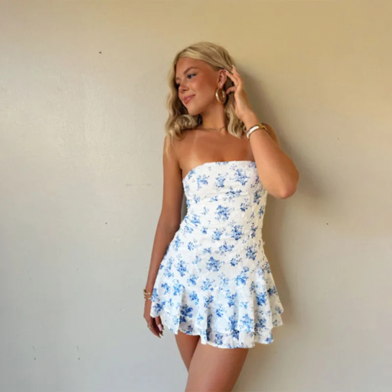 Elegant Blue Floral Print Strapless Short Dress Sexy Off Shoulder Casual Curvy Dresses Backless Holiday Vacation Spring 2025 New