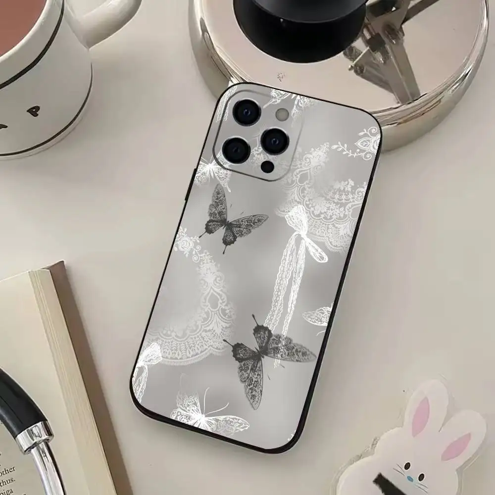 Lace Texture Print Phone Case For iPhone 17,16,15,14,13,12,11 Plus,Pro Max,XS,Soft Black Cover