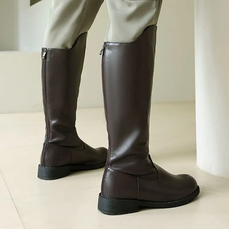 ORCHA LISA Brand Zipper Big Size 48 49 Leisure Daily Knee High Bota Brown Vintage Men's Riding Boots Round Toe Thick Heels 3cm image 4