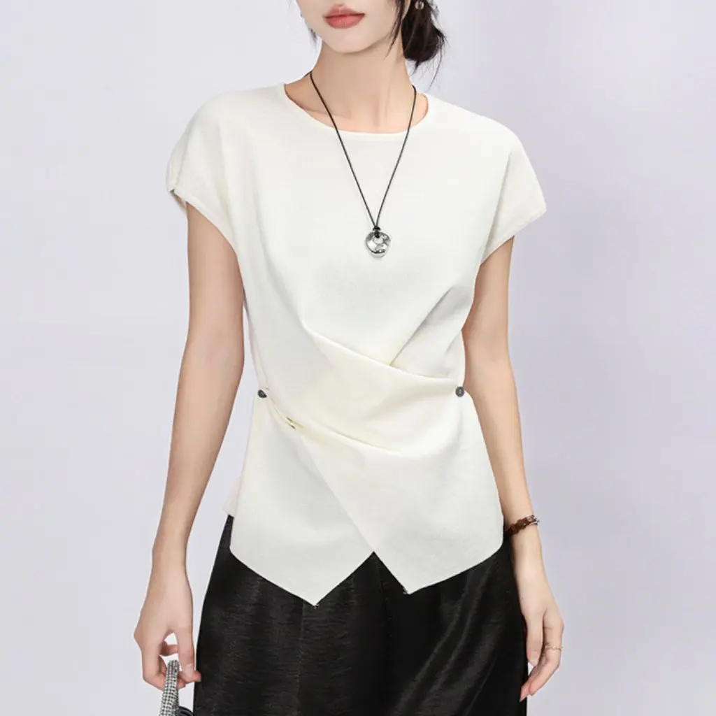 

Women's Summer Ice Silk Knitwear High-Twisted Asymmetrical Buttons Ladylike Top Versatile French Simple Style Waist Top