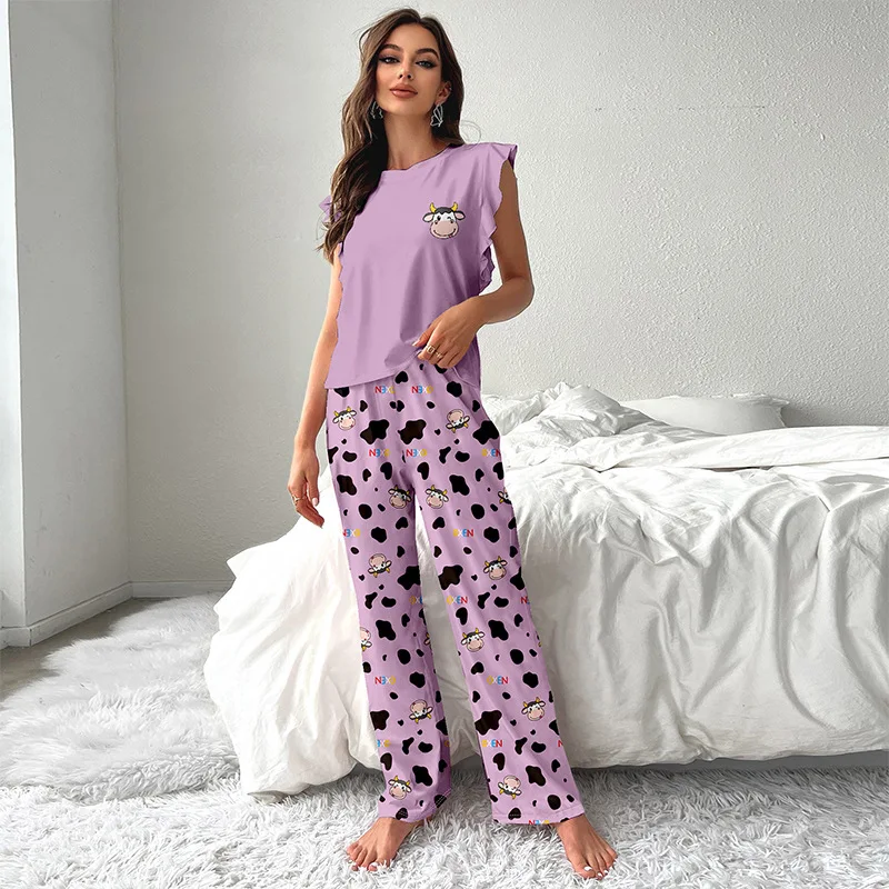 Women\'s Pajama Set Kapibala Cow Print Sleepwear Vest with Flying Sleeves and Trousers Cute Casual Pyjama Loungewear Autumn Mujer