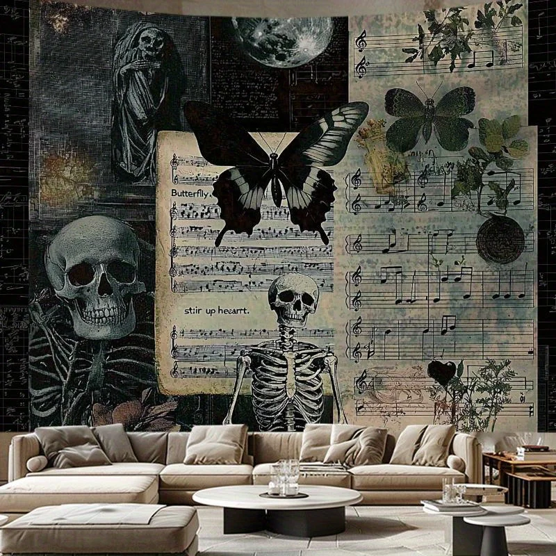 Aesthetic Gothic Skeleton Butterfly Tapestry Wall Hanging Dark Academia Style Music Notes Skull Print Polyester Art Decor