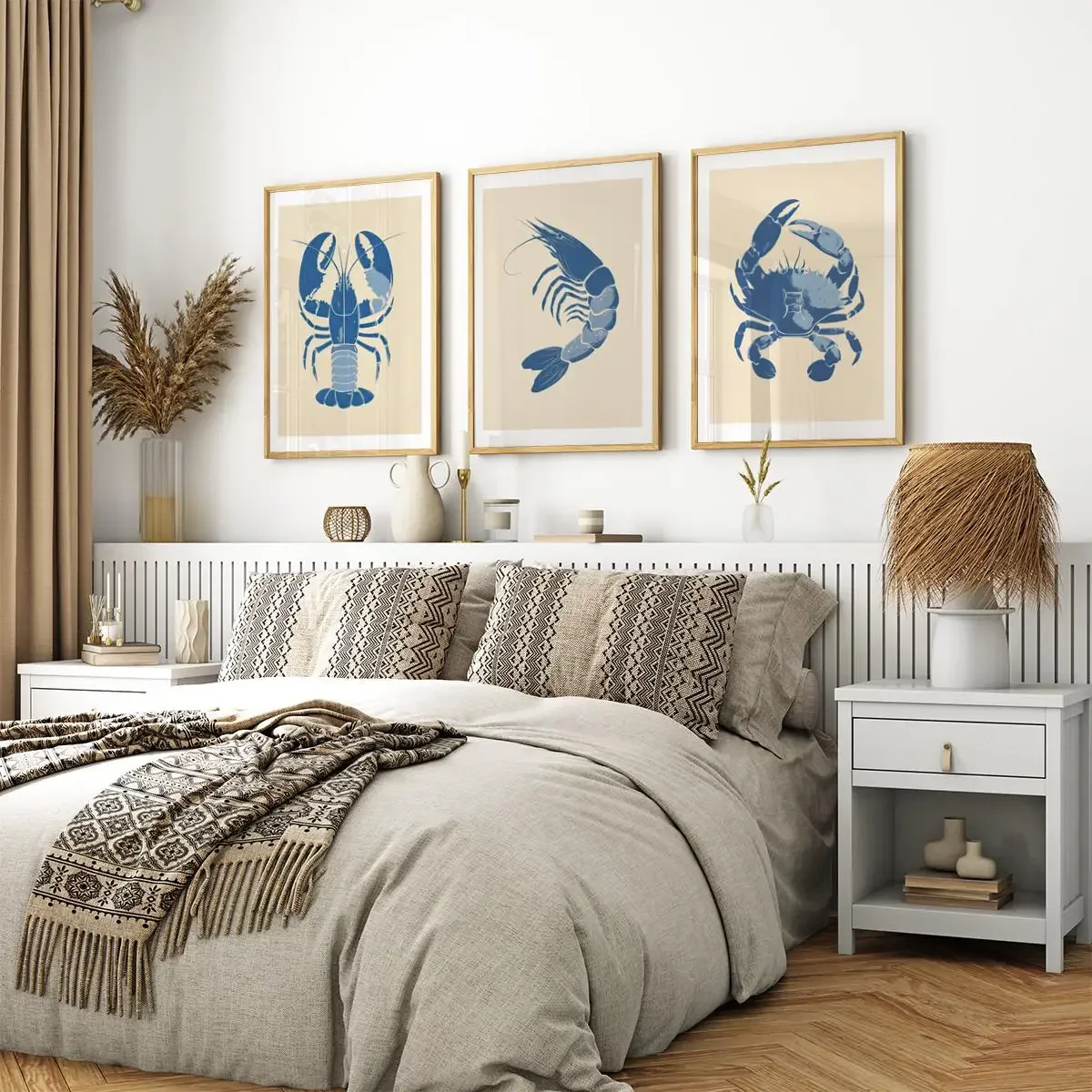 Large-sized frameless 3pcs  Minimalist Blue Seafood Set of 3 Poster Canvas Print Shrimp Crab Lobster Wall Art Modern Coastal