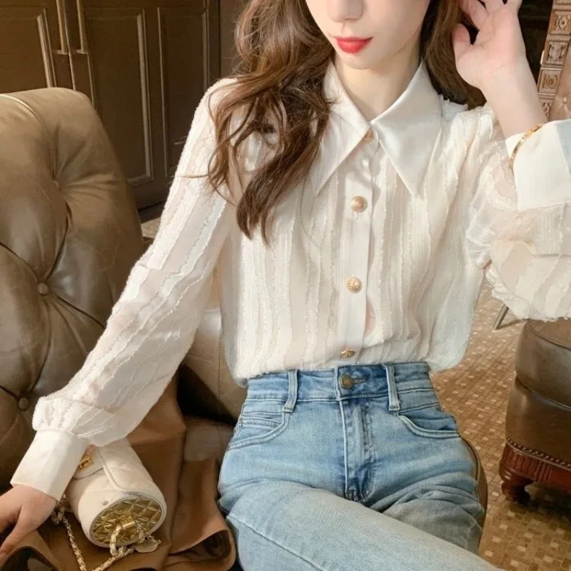 

Spring and Autumn Women's 2024 New Splicing Polo Collar Button Fashion Solid Color Loose Minimalist Casual Long Sleeve Shirts
