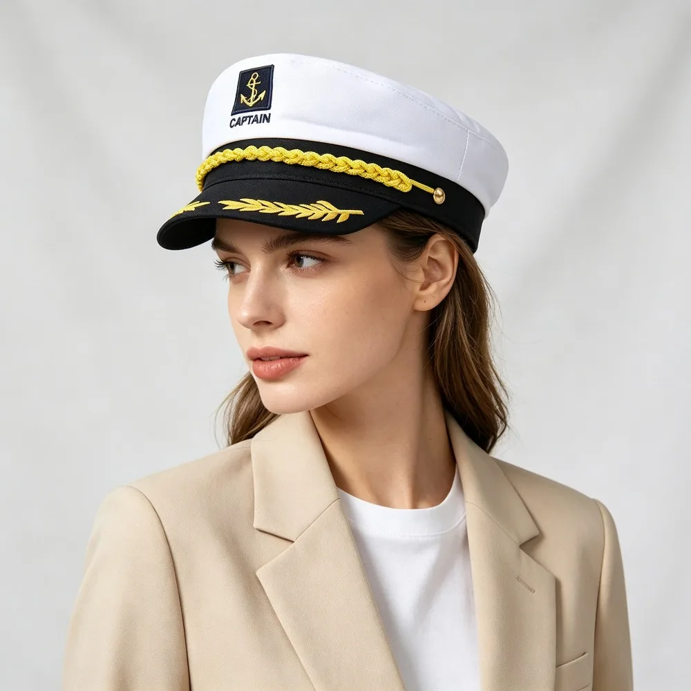 Solid White Ocean Vessel Printed Sailor Captain Cap Women Nautical Cosplay Costume Prop Halloween Yacht Stage Party Headwear