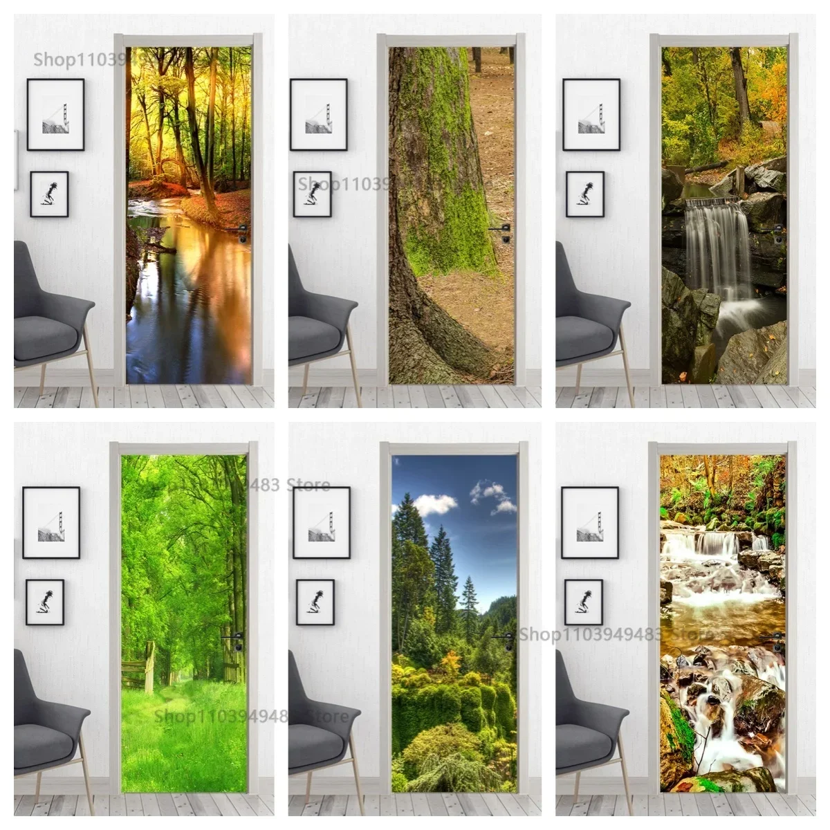 Forest Series Fresh Plants Full Door Covered Wallpaper Self-adhesive Stickers for Decorative Door Room Cabinets Aesthetics Decor