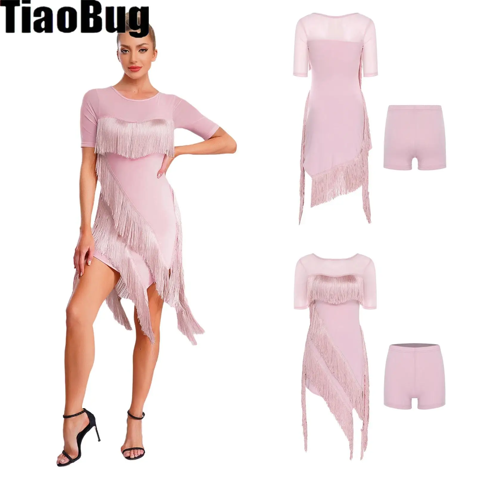 

Womens Latin Tango Dance Dress with Safety Tiered Tassel Irregular Hem Short Sleeve Mesh Shoulder Dress for Chacha Rumba Salsa