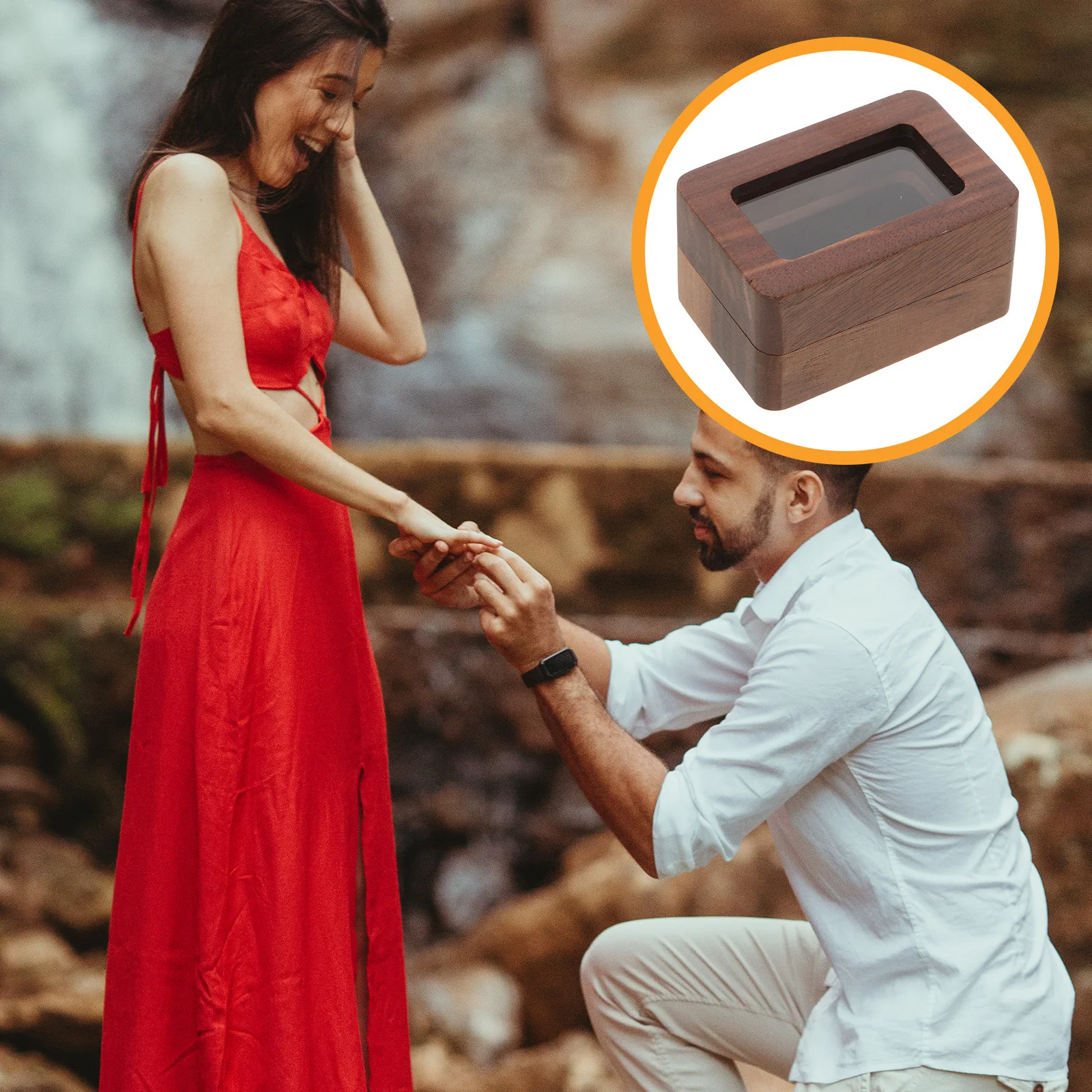 

Black Walnut Wood Jewelry Box Vintage Ring Holder Case For Wedding Ceremony Engagement Proposal Bridal Shower Gift Ring