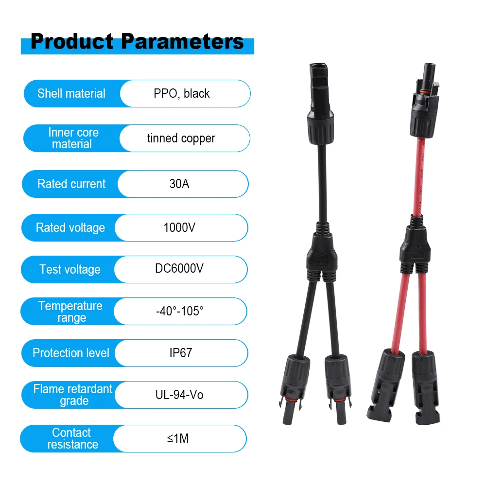 A Pair Solar Connectors 30A Y-Branch Cable, Solar Cable Parallel Adaptor in Pair for Solar Panel 1*M/FF+1*F/MM Black Red 