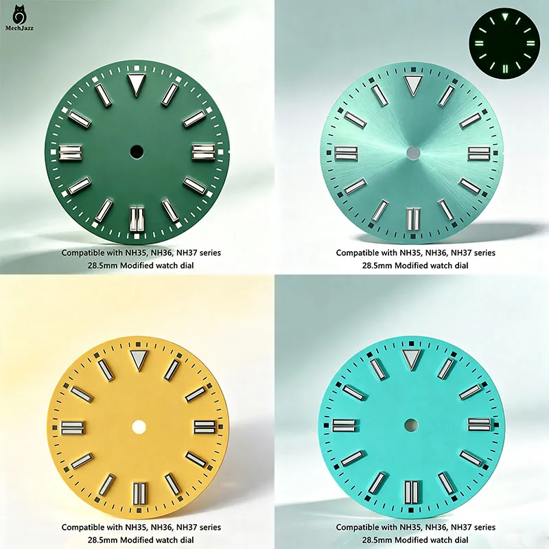 MechJazz 28.5mm Sunburst Turquoise Watch Dial, Green Luminous, Sterile Dial, Fits NH35, NH36, Watch Mod Replacement Parts