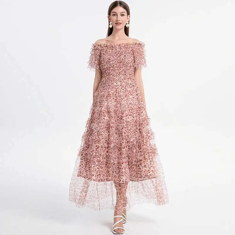 

Sexy Slash Neck Leopard Long Dresses Women 2025 Summer Holiday Ruffles Rulle Party Vestidos Midi Robe