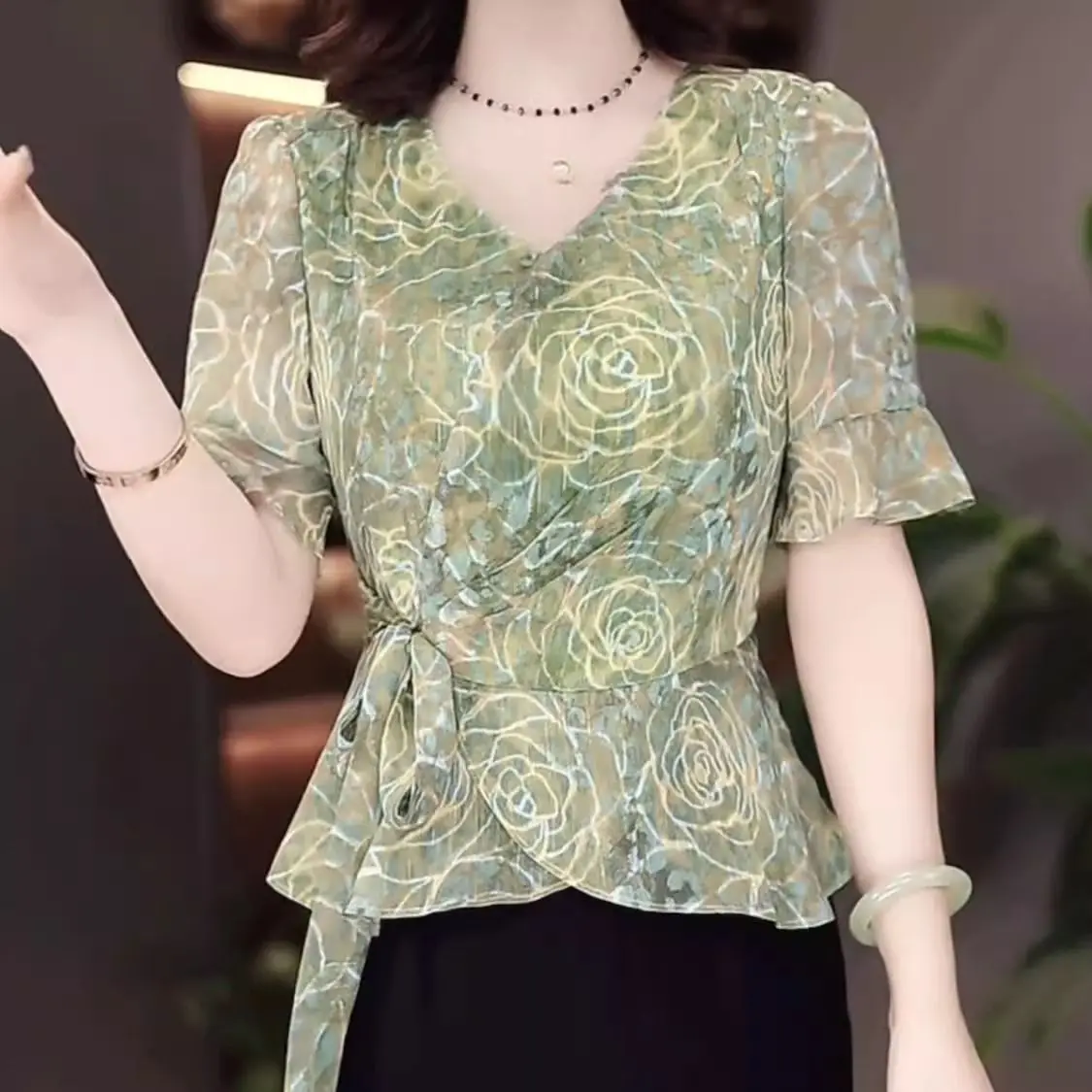 

Floral Print Stylish Elegant Summer New Lightweight Waist-Cinching Top