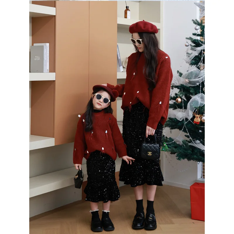 

In Stock Parent-Child Wear Mother-and-Daughter Pullover Girls' Korean Christmas New Year Dress Angola Red Sweater Sets