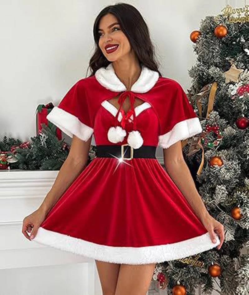 سانتا كلوز زي ملابس عيد الميلاد للنساء فستان عيد الميلاد الأحمر المثير مع كيب 2 قطعة زي سانتا المخملي عيد الميلاد بيبي دول فروي #3