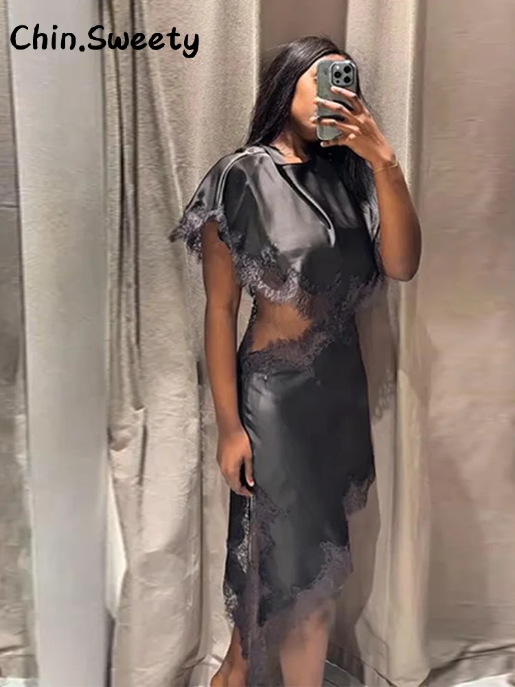 أنيقة الساتان تقسم الدانتيل فستان طويل المرأة الجوف خارج س الرقبة قصيرة الأكمام غير المتماثلة فساتين 2026 الربيع سيدة شيك رداء الحفلات