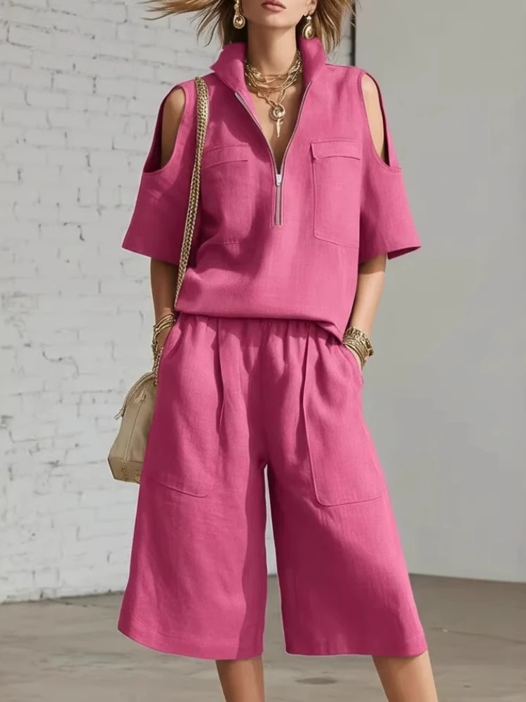 

Женский летний модный повседневный костюм-двойка: укороченная рубашка с коротким рукавом на молнии и брюки с вырезами, свободного кроя, с карманами, однотонный