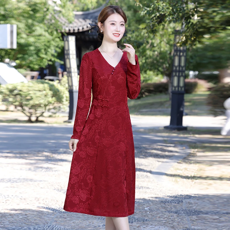 중년 노인 여성을위한 우아한 유행 가을 드레스 느슨한 핏 슬리밍 긴 소매 어머니의 플러스 사이즈