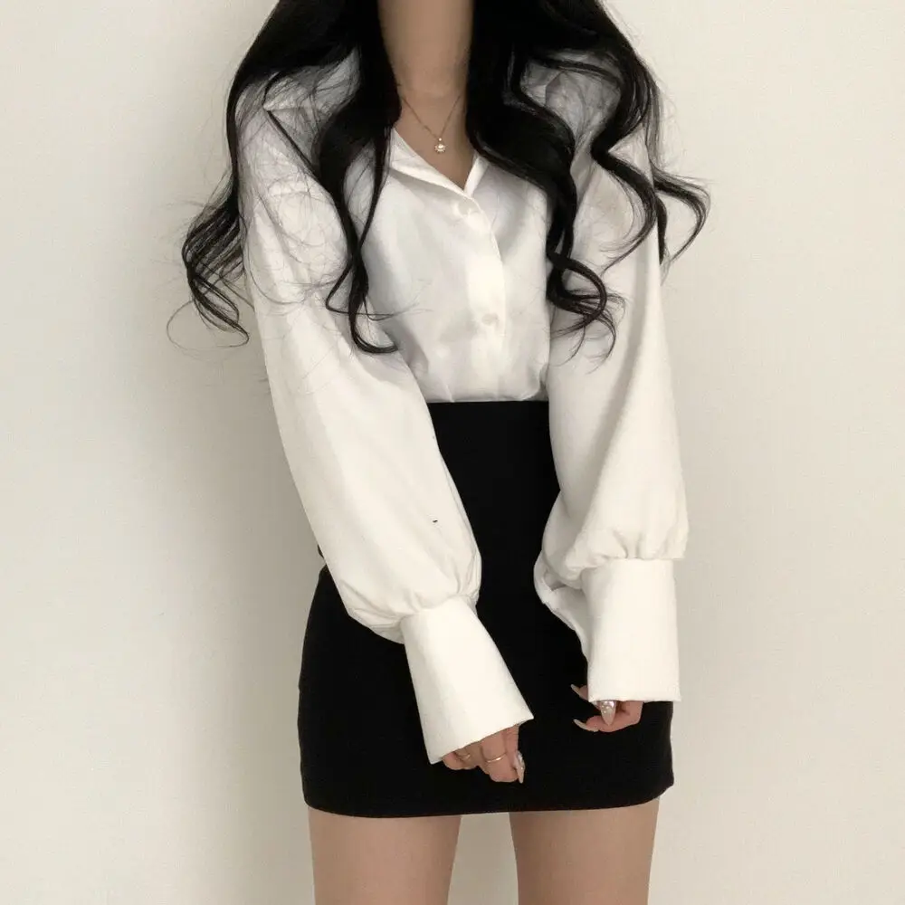 Minimalist Shirts Lantern Sleeve Women Office Lady Рубашки Tops Pure Color Harajuku Elegant Casual Korean S-3XL Fashion Clothing