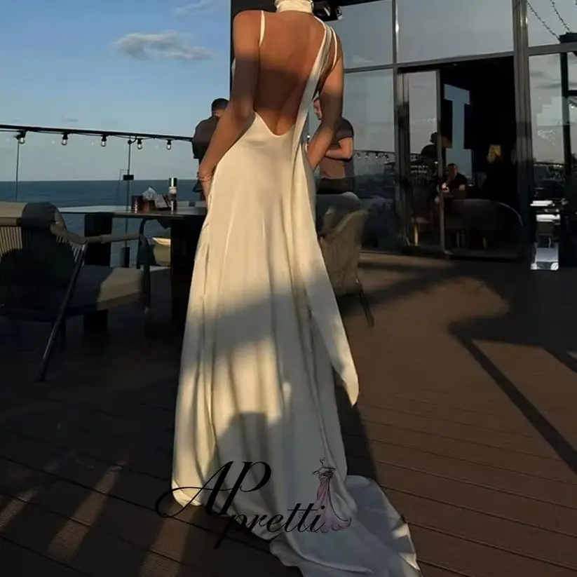 AP pretti Modern Ivory  Spaghetti Strap Wedding Party Dress A Line Backless Customized Satin Prom Gown Evening Gown Dress