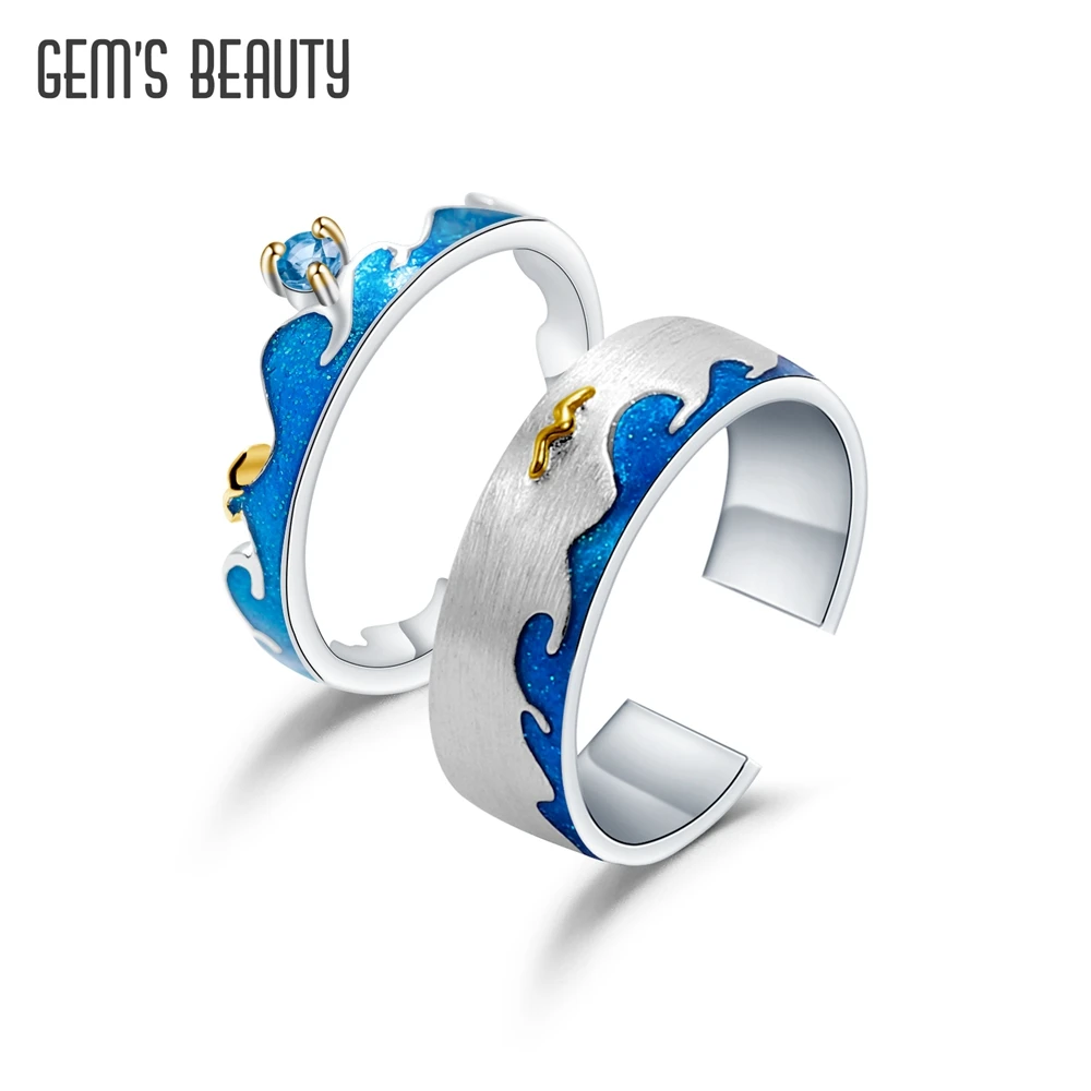 GEM'S BEAUTY-Anillo de Plata de Ley 925 para mujer, joyería de boda con diseño de amor ajustable, con temática de olas del mar y gavillas, ideal para regalo