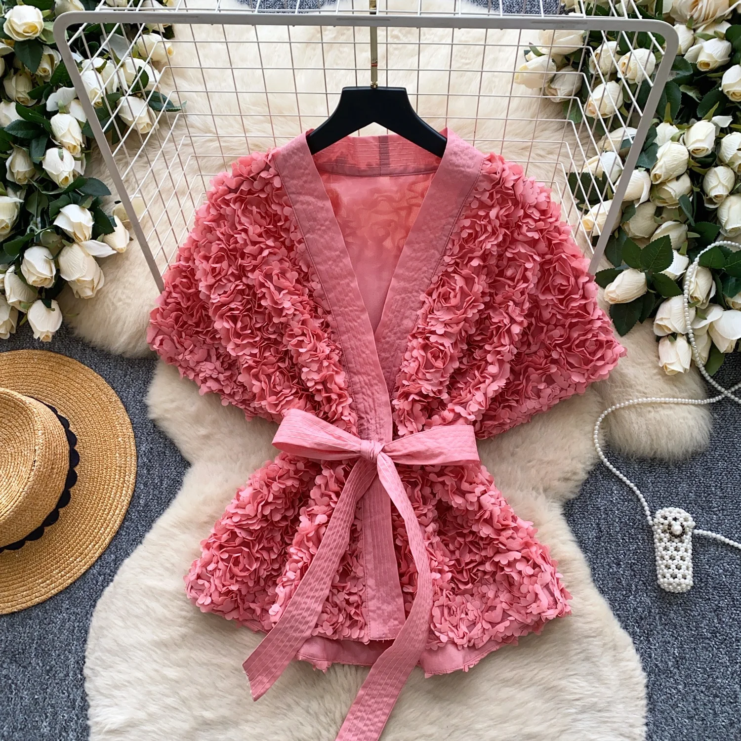 

Clothland Women Elegant Floral Blouse Sashes V Neck One Button Short Sleeve Shirt Female Retro Fashion Tops Blusa DA621