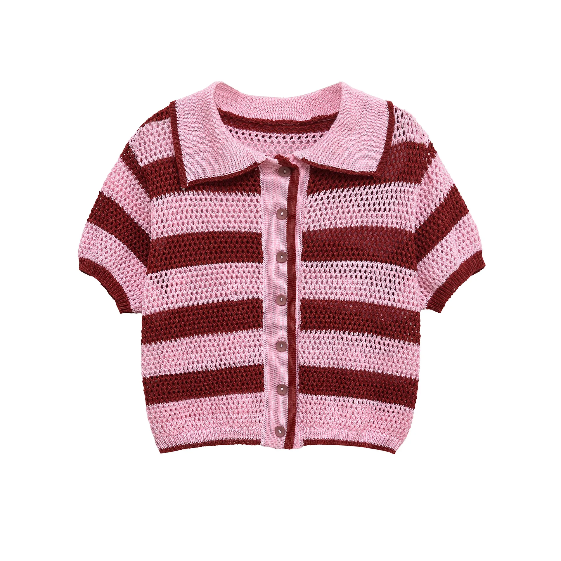 

New Fashion Casual Short Sleeve Turn-down Collar Knitting Single Breasted Striped Shirt + High Waist Drawstring Shorts Set