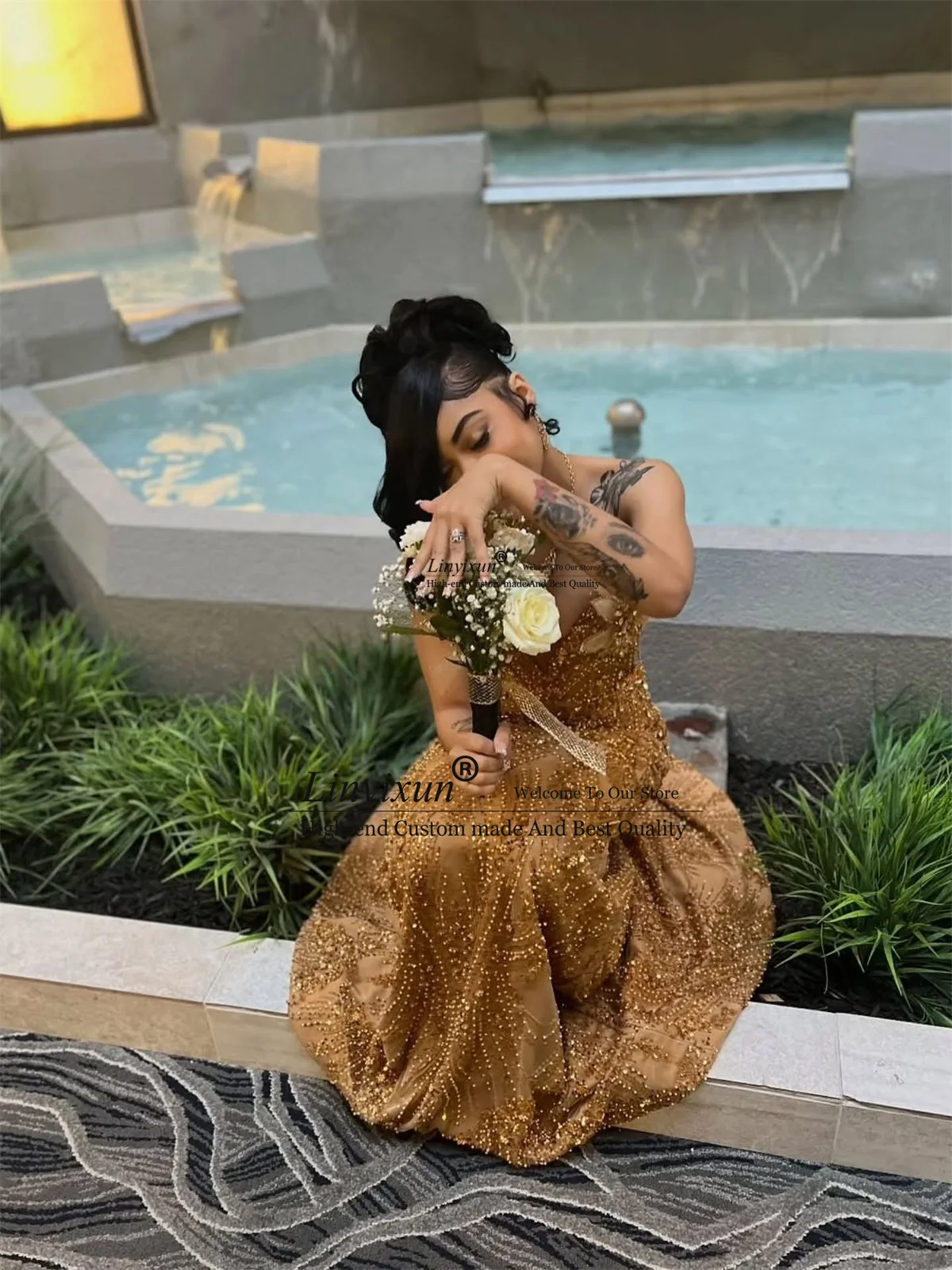 麻生エビ グリッター スパンコール マーメイド プロムドレス キラキラ ビーズ クリスタル イブニングドレス ロング アフリカ ラインストーン ウェディング パーティードレス