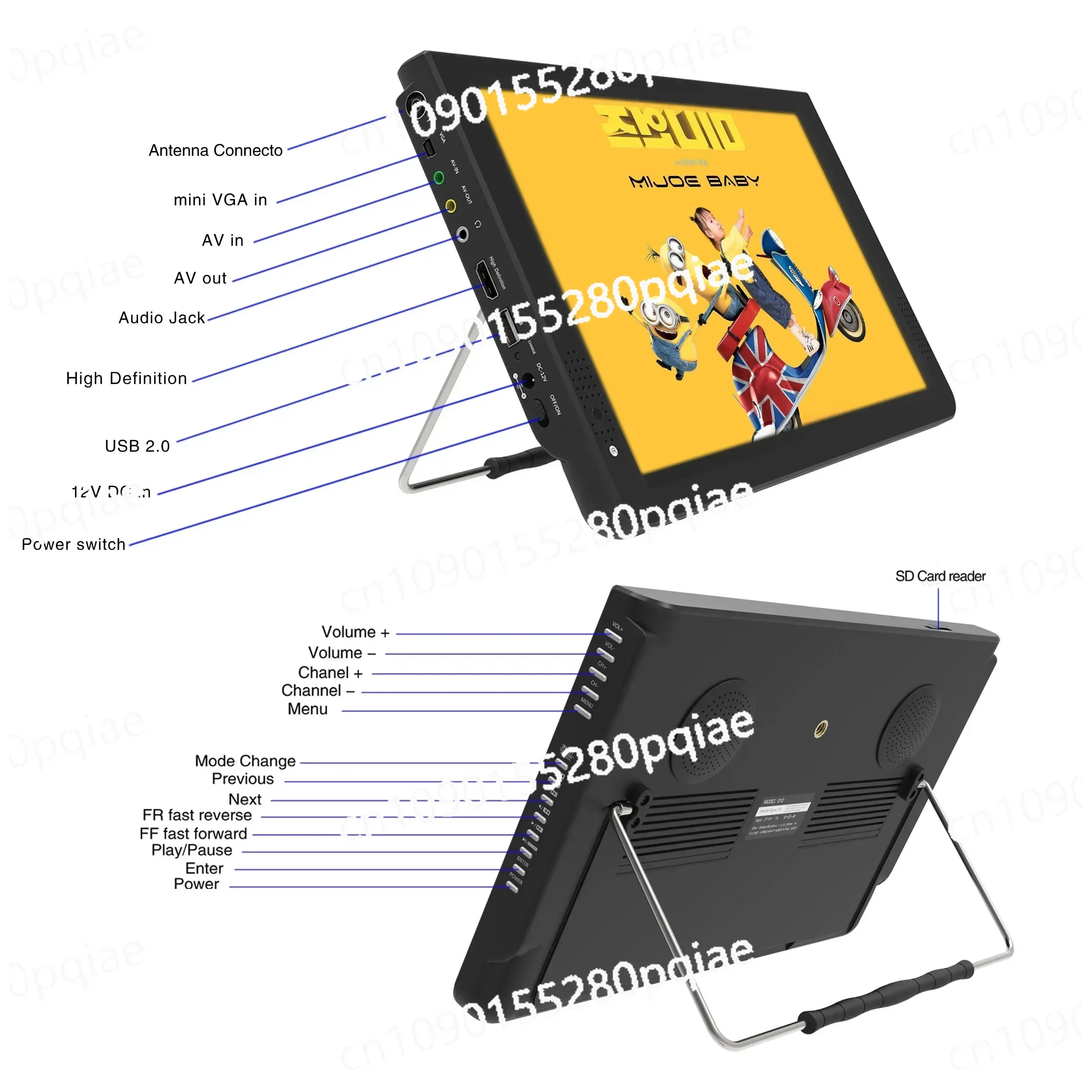 Leadstar Camping 12V HD Qled Portable Digital Flat Screen LED Car TV Small LCD Televisions with Digital Tuner Radio FM Battery