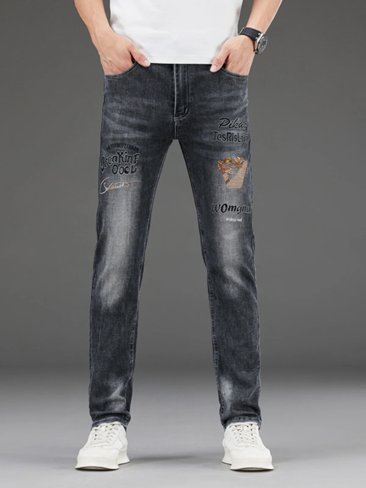 

Ele Embroidered Slim Fit Men's Jeans Casual Thin Elastic Summer Cotton Denim Long Trousers Youth Faion Leisure Pants