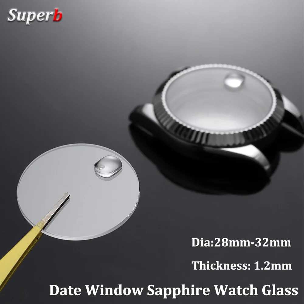 1.2mm Thick Date Window Sapphire Watch Glass Round Flat Mineral Timepiece Crystal with Bubble Magnifier 28mm-32mm Diameter
