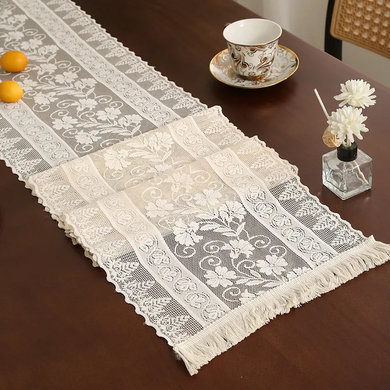 Hollow Lace Table Flag American Countryside Decoration TV Cabinet Tea Table Runner Modern Simple Tassel Morning Glory Tablecloth