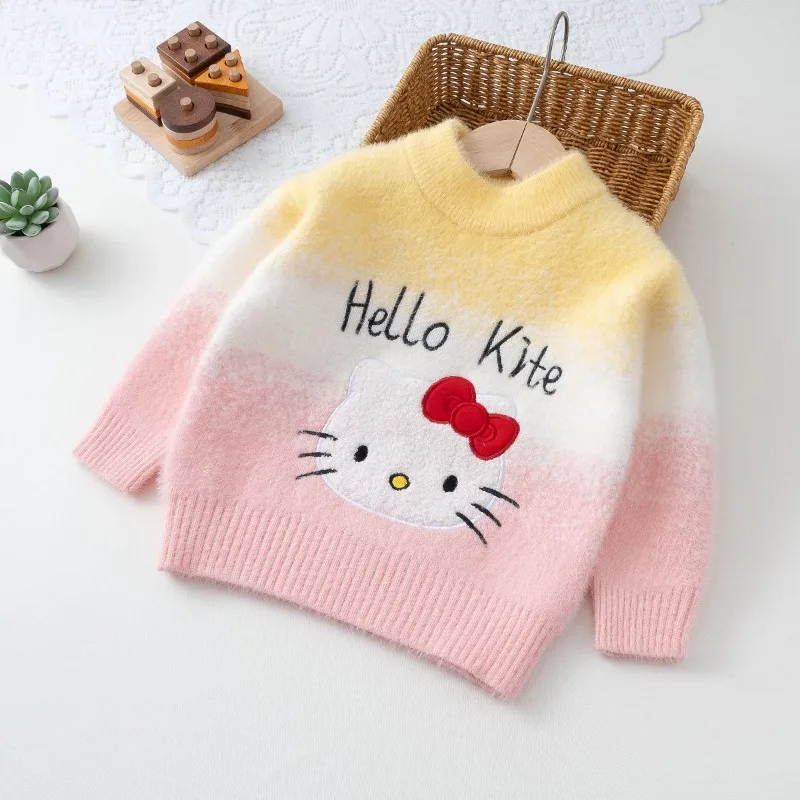 

Sweet Hello Kitty Anime Kawaii MINISO Ins Girly Heart Embroidered Knit Sweater Cute Thickened Hooded Clothing Gifts for Kids