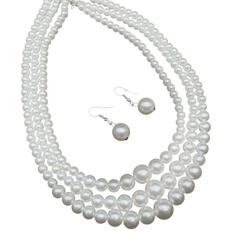 Necklace Earrings Set 3-pcs Women Jewelry Gift Set Three-layer Imitation Pearl Choker Necklace Adjustable Chain Length Hook